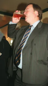 Kenneth Clarke MP Chancellor Of The Exchequer enjoys a pint at the Mawson Arms Pub in