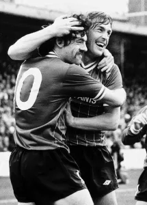 Kenny Dalglish footballer Liverpool FC congratulates celebrates with John Wark 1984
