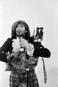 Bagpipes Prints: Kenny Everett filming the Christmas Television show in 1980 Picture taken