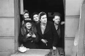Doodlebug Prints: Kentish Town residents survey the damage caused by a V1 from a window which lost it