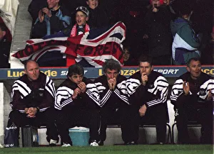 Worried Prints: Kevin Keegan Newcastle United Football Manager and his staff sit on the bench in