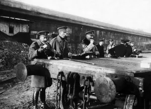 King George V, King Albert of Belgium and several staff officers stop for an impromptu