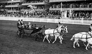 00439 Prints: King George V and Queen Mary arrive at Ascot in horse drawn carriage with white horses