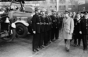00169 Prints: King George VI inspects firemen on his visit to Birmingham after a bombing raid in world