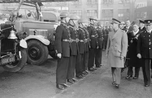 King George VI inspects firemen on his visit to Birmingham after a bombing raid in world