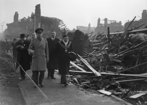 King George VI tours the bomb shattered areas of Birmingham following the city suffering
