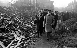 King George VI visits Birmingham to survey the bomb damage after a bombing raid in world