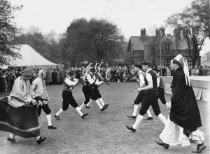Enjoying Prints: The Kings College Morris Men pictured during the Abbots Bromley Horn Dance one of