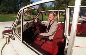 One Young Woman Only Prints: Kirsty Morgan sitting inside her Morris Minor Tourer 16th Septeber 1997