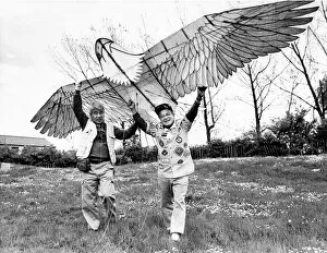 00110 Collection: Kite master Mr. Takeshi Nishibayashi (right) with one of his creations in July 1988