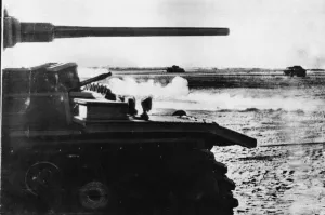 01462 Prints: Knocked out German armour remains on the battlefield after a tank engagement