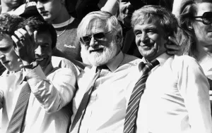 L to R John Hollins Ken Bates and John Neal watch as Chelsea return to the First