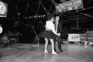 Labour Deputy Leader Roy Hattersley dances the Lambada with champion Jane Mytton
