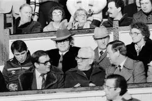 Labour leader Michael Foot at a football match between Watford and Plymouth