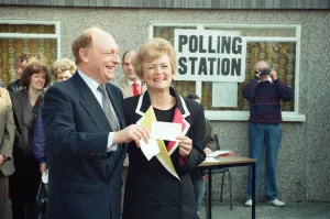 Labour leader Neil Kinnock and his wife Glenys cast their votes at Pontllanfraith