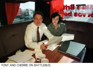 Labour leader Tony Blair with his wife Cherie on the Labour Partys battle bus. April 1997