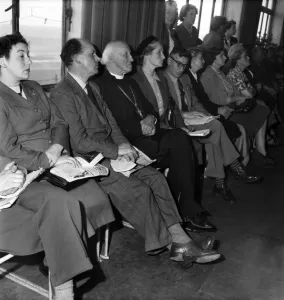 Meetings Prints: Labour Party Conference 1953. The Dean of Canterbury listens to speeches at the Labour