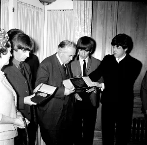 Labour Party Leader Harold Wilson with The Beatles left to right: Ringo Starr