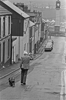 01275 Prints: Labour Party Leader Michael Foot walks his dog Dizzie in Tredegar, Gwent