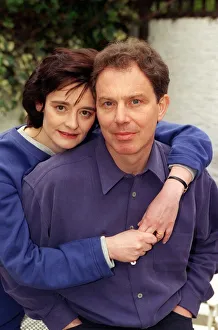 Labour party leader Tony Blair with wife Cherie Blair at home before the start of
