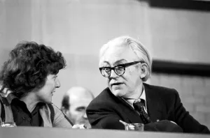 00063 Prints: Labour politician Michael Foot talks to Barbara Castle during a debate on the Common