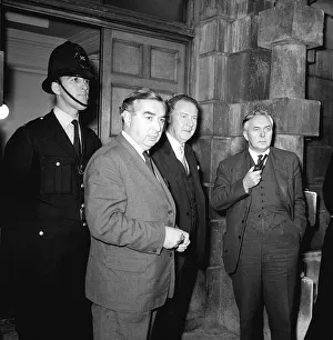 Labours George Brown, Hugh Gaitskill and Harold Wilson arrive at Downing Street for