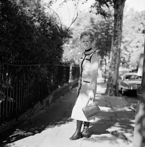 Lady Antonia Fraser wearing a tweed outfit outside her West London home