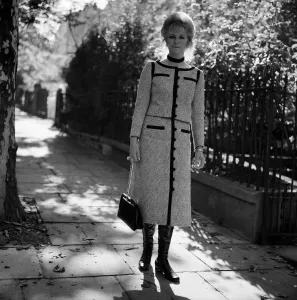 Lady Antonia Fraser wearing a tweed outfit outside her West London home