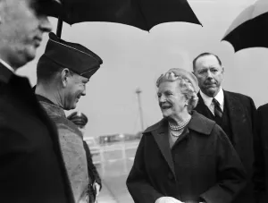 Lady Churchill christens one of the three USA Sabre jets that will fly non-stop to
