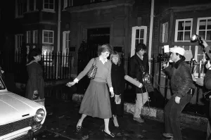 01077 Prints: Lady Diana Spencer at her flat hounded by the media 1980 who is engaged to Prince