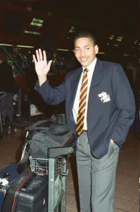 Carefree Prints: Lancashire and England cricketer Phil DeFreitas at London Airport