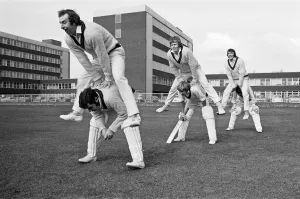 Lancashires new captain, David Lloyd leaps pace bowlers Peter Lever