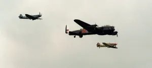 Planes Prints: A Lancaster flanked by a Spitfire and a Hurricane over Cosford yesterday