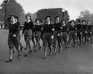 Agriculture Prints: Land Army Girls about to parade through the streets of Nottingham for a victory parade