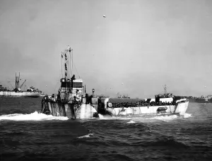Landing craft loaded with troops head towards the Normandy beaches during D Day invasion