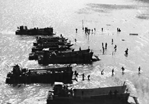 Myanmar Prints: The landings at Akyab. Invasion barges with troops wading ashore to capture the Port