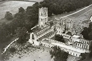 Towns And Villages Prints: A large congregation gathers at Fountains Abbey near Ripon for an open air Sunday service