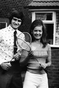 Larry Lloyd Liverpool central defender and wife Sue Lloyd pose for pictures in the garden