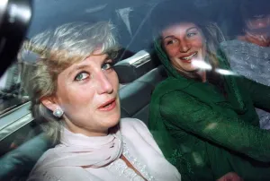 A laughing Princess Diana leaves Lahore Airport in Pakistan with her friend Jemima Khan