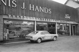 Motoring Prints: The launch of The Ford Capri Mk1. Picture taken at a showroom of car dealer Dennis