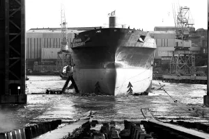 The launch of the merchant ship Johanna Oldendorff at the Southwick slipway of North-East