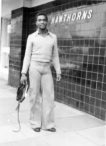 Flares Prints: Laurie Cunningham outside The Hawthorns just a month after signing for West Bromwich
