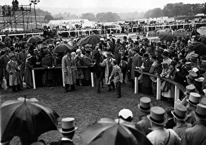 Jockey Prints: Lavandin with W R Johnstone wins Derby at Epsom - 1956 led in by owner Pierre
