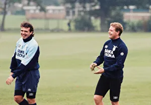 Lazio footballer Paul Gascoigne with teammate Roberto Cravero during a team training