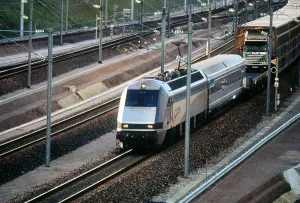 Le Shuttle from the Channel Tunnel at Sangatte near Calais France Circa 1992