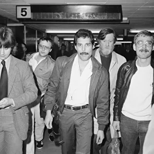 Lead singer with the pop group Queen Freddie Mercury seen here arriving at Heathrow