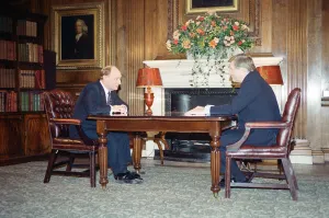 Interview Prints: Leader of the Labour Party Neil Kinnock is interviewed by David Dimbleby ahead of