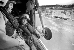 Lee Goodey seen here taking a flight with the crew of a RAF Westland Wessex Search