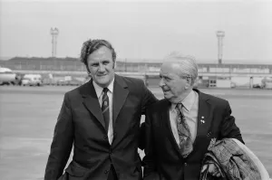 Chairman Prints: Leeds United manager Don Revie with director Bob Roberts as the team return to Manchester