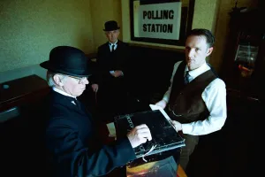 00009 Prints: Left John Proud, voter, Bill turnbull, voter, and RobertTthompson, Polling Officer